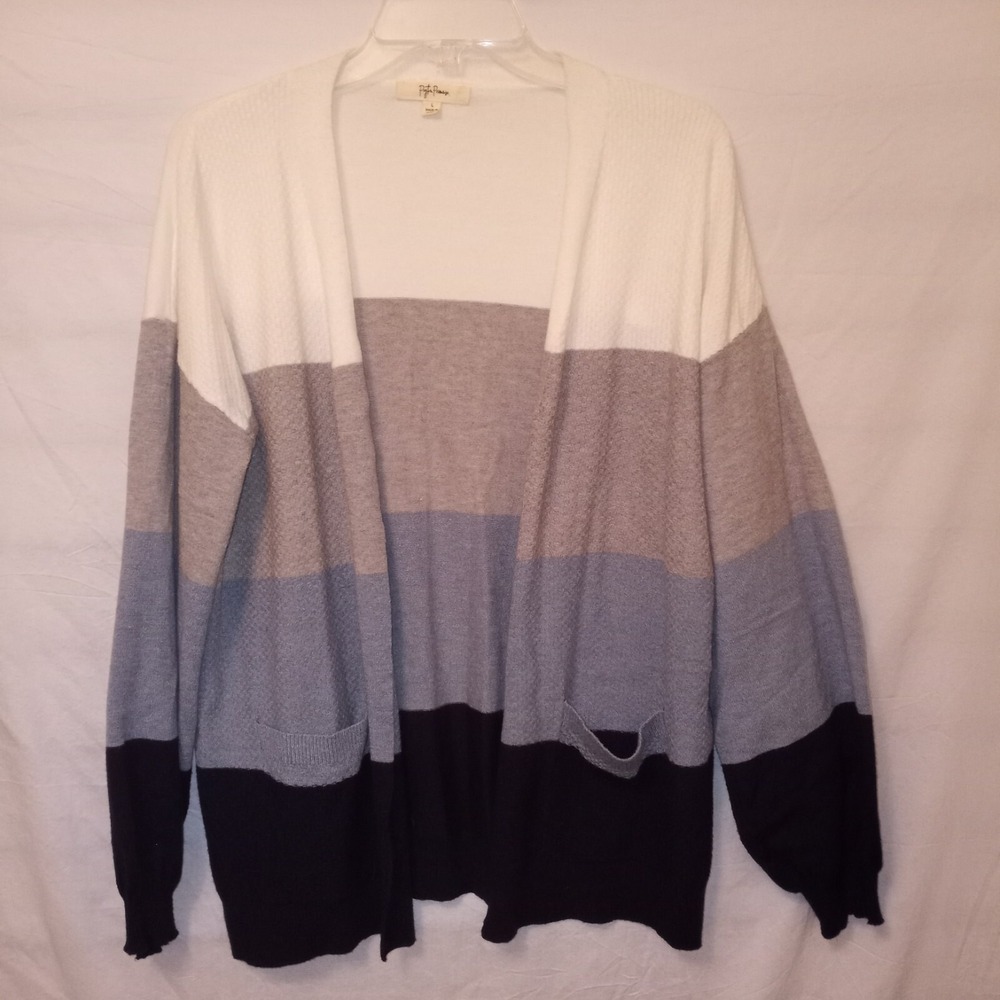 Peyton Primrose Colorblock Open Front Cardigan Sweater Blue Grey Black Large